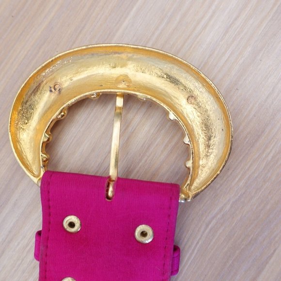 VINTAGE‎ Belt Womens XS Pink Fabric Cinch Waist Fashion Chunky Gold Buckle Y2K - Picture 7 of 11